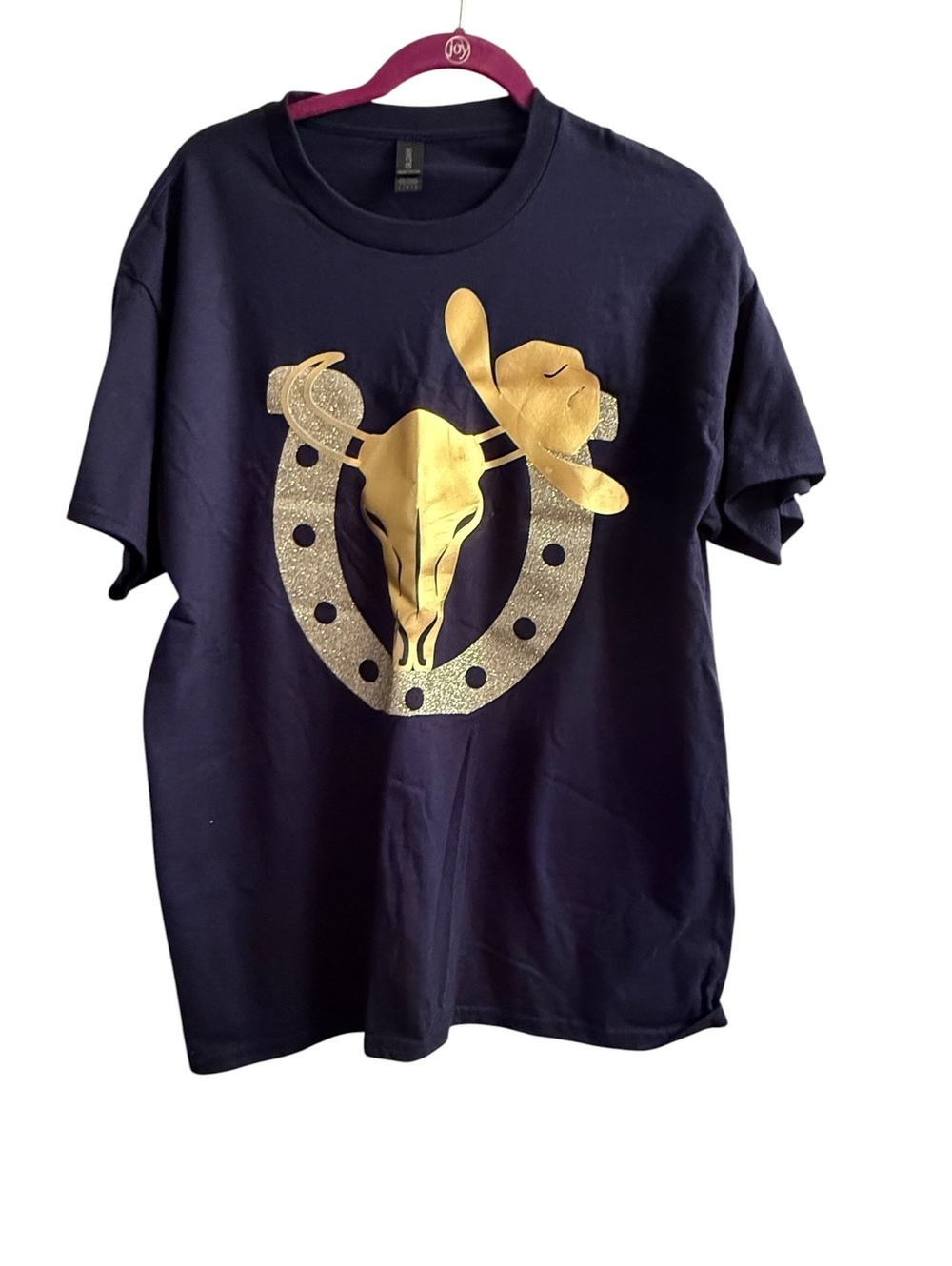 Gildan Navy Blue Graphic T-Shirt with Gold Western Design, Size Large